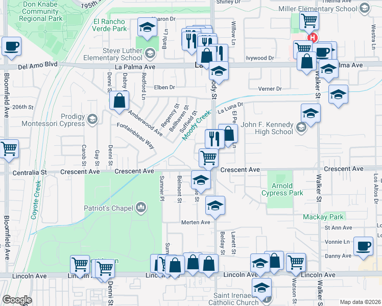 map of restaurants, bars, coffee shops, grocery stores, and more near 8411 Meadowlark Lane in La Palma