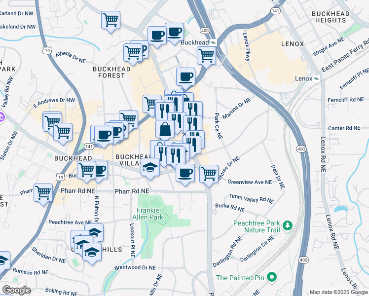 map of restaurants, bars, coffee shops, grocery stores, and more near 3098 Piedmont Road Northeast in Atlanta