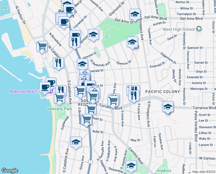 map of restaurants, bars, coffee shops, grocery stores, and more near 205 South Guadalupe Avenue in Redondo Beach
