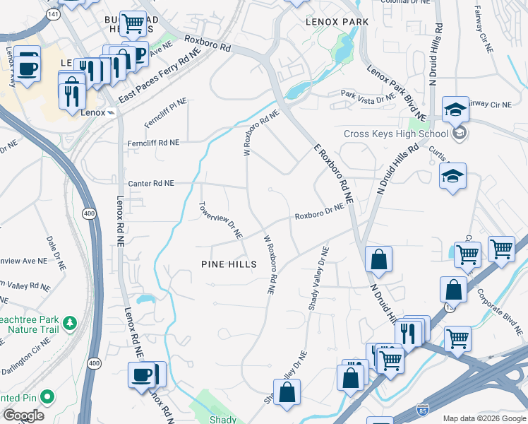 map of restaurants, bars, coffee shops, grocery stores, and more near 3117 West Roxboro Road Northeast in Atlanta
