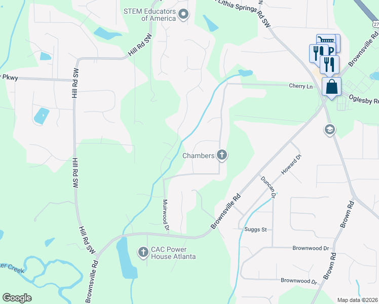 map of restaurants, bars, coffee shops, grocery stores, and more near 4591 Muirwood Circle in Powder Springs