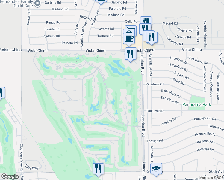 map of restaurants, bars, coffee shops, grocery stores, and more near 28740 Desert Princess Drive in Cathedral City