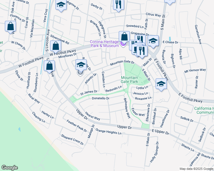 map of restaurants, bars, coffee shops, grocery stores, and more near 720 Bundy Way in Corona