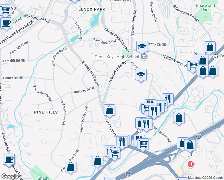 map of restaurants, bars, coffee shops, grocery stores, and more near 1776 North Druid Hills Road in Atlanta