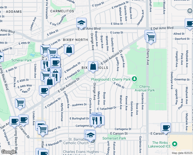 map of restaurants, bars, coffee shops, grocery stores, and more near 4480 Orange Avenue in Long Beach