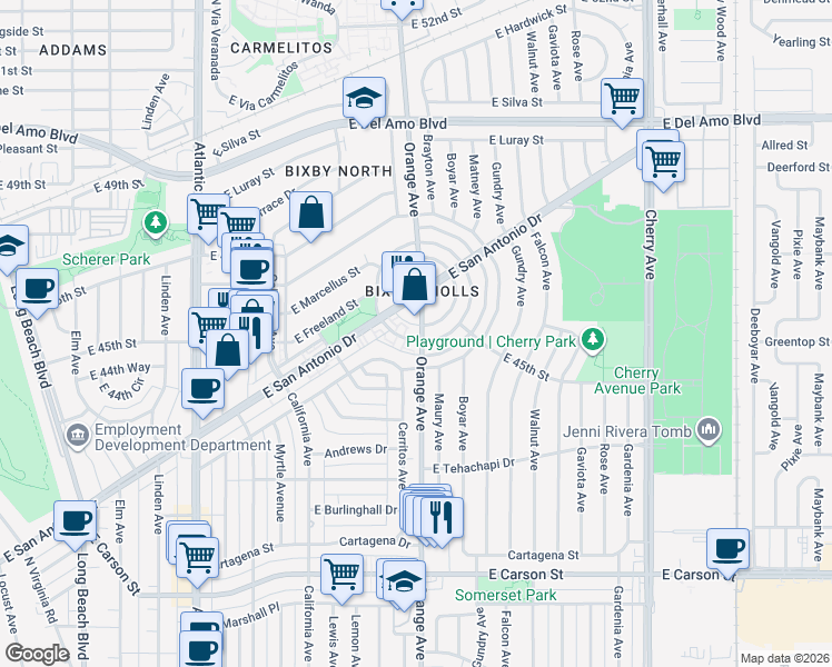 map of restaurants, bars, coffee shops, grocery stores, and more near 4487 Orange Avenue in Long Beach