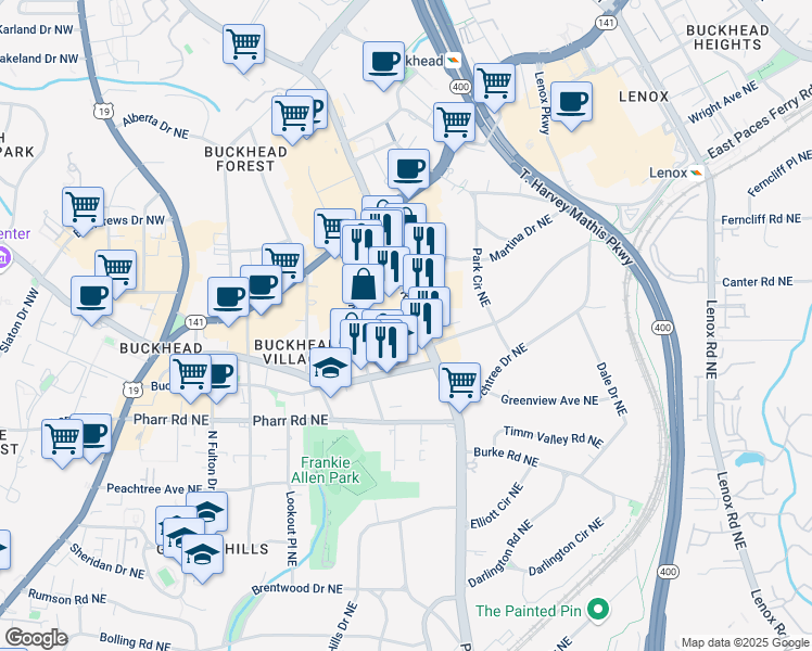 map of restaurants, bars, coffee shops, grocery stores, and more near 3098 Piedmont Road Northeast in Atlanta