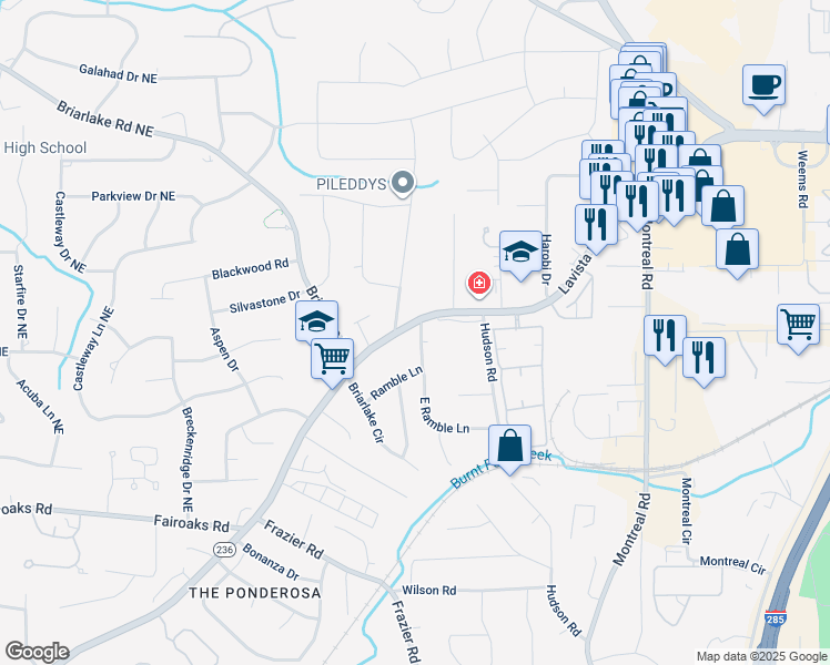 map of restaurants, bars, coffee shops, grocery stores, and more near 3665 Lavista Road in Decatur
