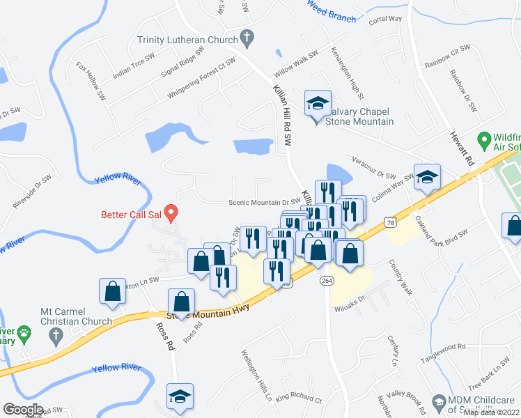 map of restaurants, bars, coffee shops, grocery stores, and more near 4082 Scenic Mountain Drive Southwest in Snellville
