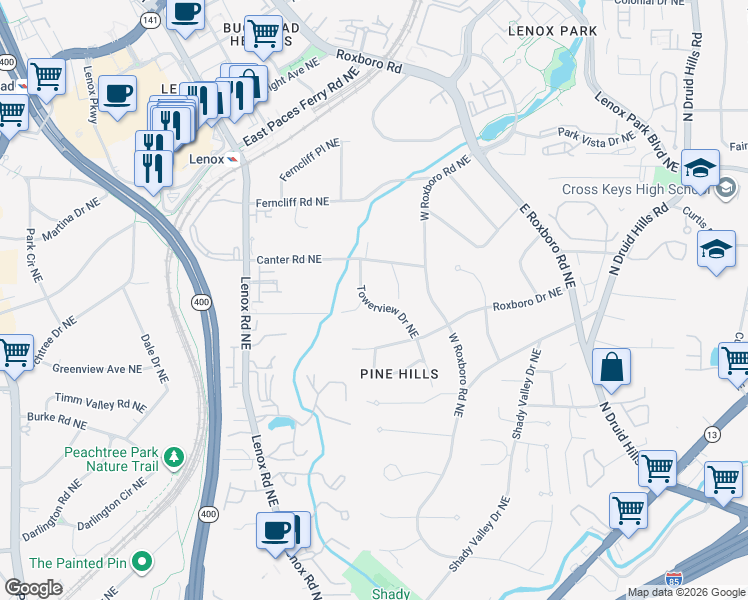 map of restaurants, bars, coffee shops, grocery stores, and more near 3145 Towerview Drive Northeast in Atlanta