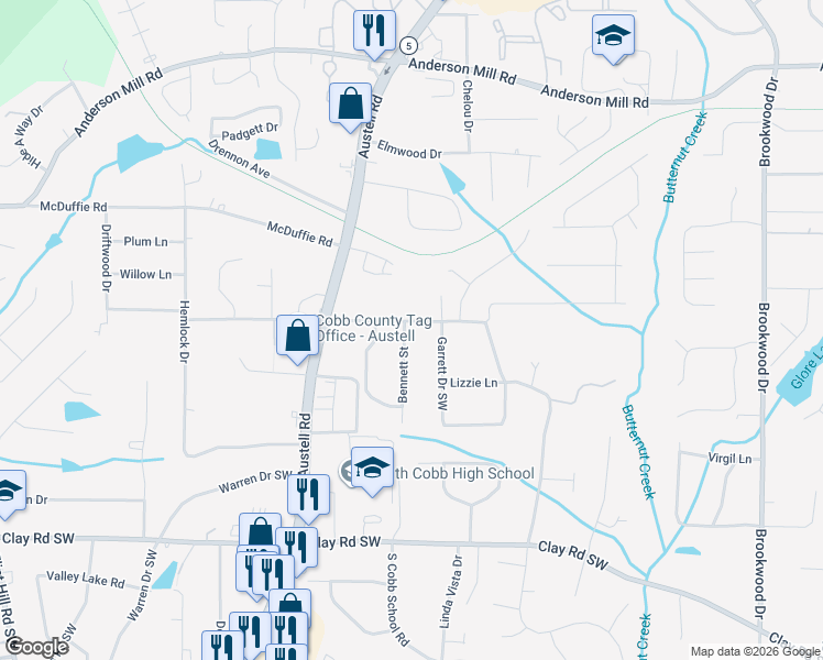 map of restaurants, bars, coffee shops, grocery stores, and more near 1813 Seayes Road Southwest in Mableton