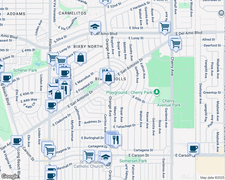 map of restaurants, bars, coffee shops, grocery stores, and more near 4480 Orange Avenue in Long Beach