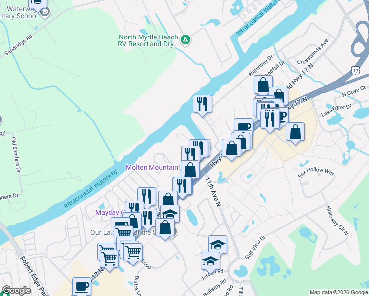 map of restaurants, bars, coffee shops, grocery stores, and more near 1105 Salt Windy Way in North Myrtle Beach