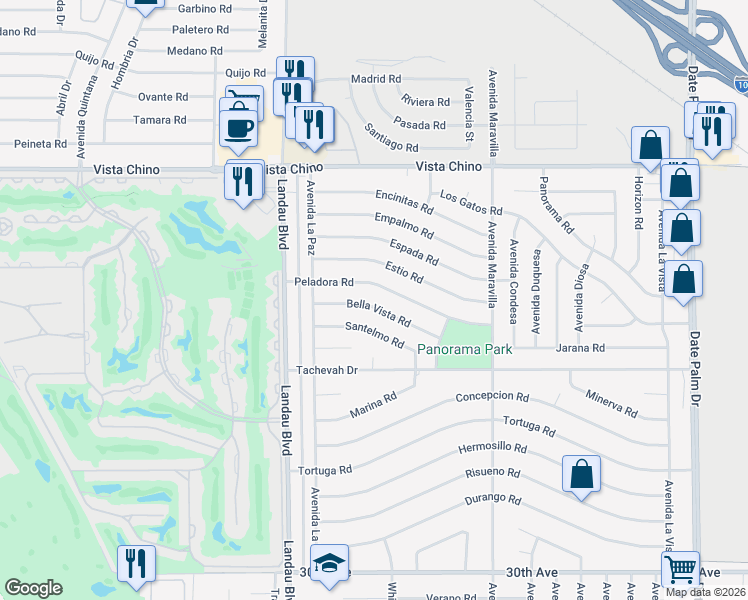 map of restaurants, bars, coffee shops, grocery stores, and more near 68190 Bella Vista Road in Cathedral City