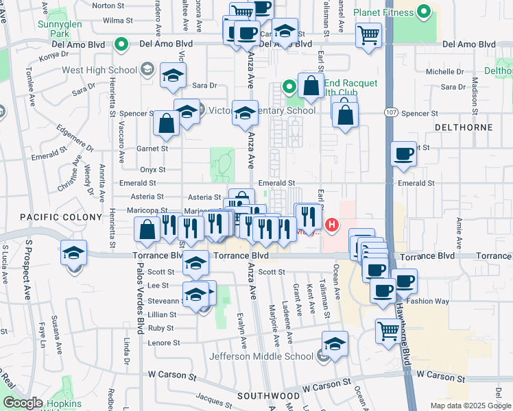 map of restaurants, bars, coffee shops, grocery stores, and more near 20910 Anza Avenue in Torrance