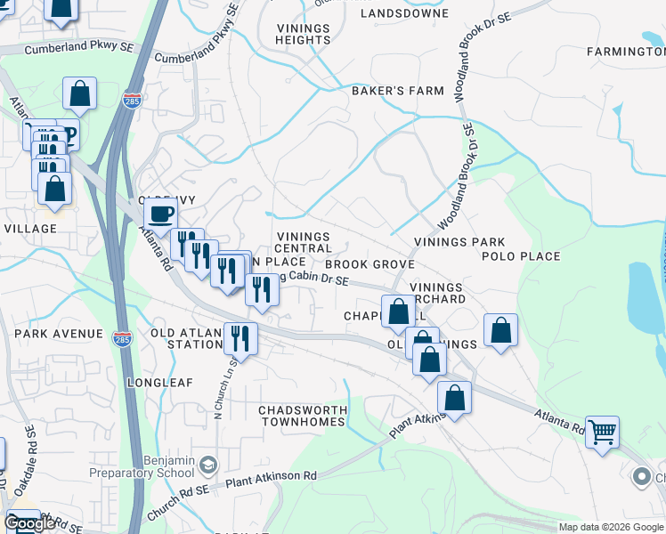 map of restaurants, bars, coffee shops, grocery stores, and more near 2770 Vinings Central Run Southeast in Atlanta