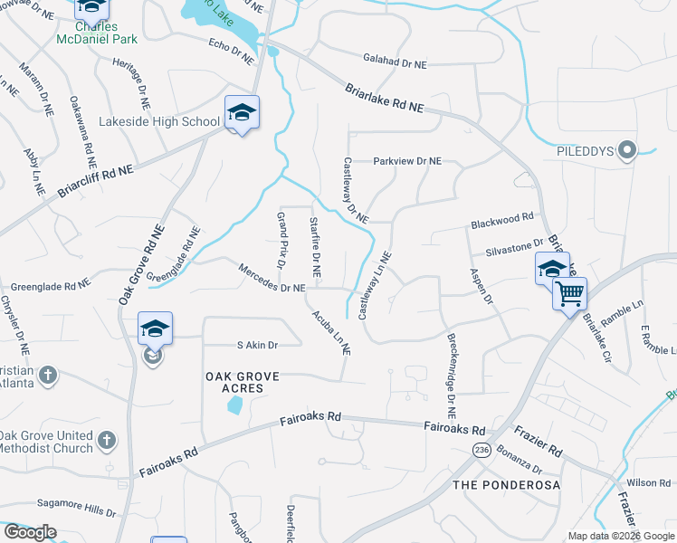 map of restaurants, bars, coffee shops, grocery stores, and more near 1953 Starfire Drive Northeast in Atlanta