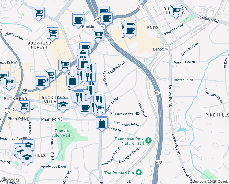 map of restaurants, bars, coffee shops, grocery stores, and more near 651 East Paces Ferry Road Northeast in Atlanta