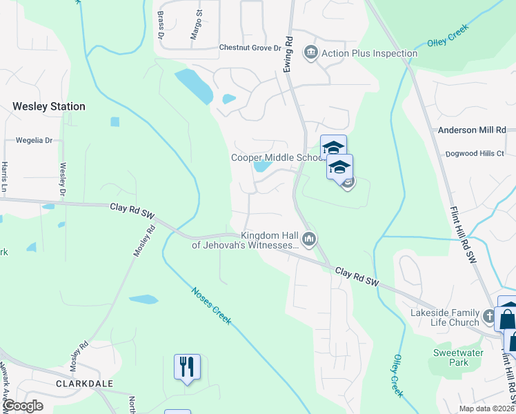 map of restaurants, bars, coffee shops, grocery stores, and more near 2790 Water Valley Road in Austell