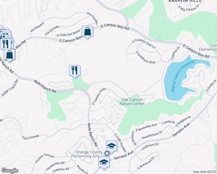 map of restaurants, bars, coffee shops, grocery stores, and more near 6555 East Camino Vista in Anaheim