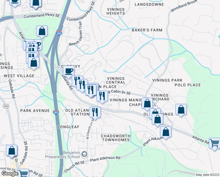 map of restaurants, bars, coffee shops, grocery stores, and more near 2714 Vinings Central Drive in Smyrna