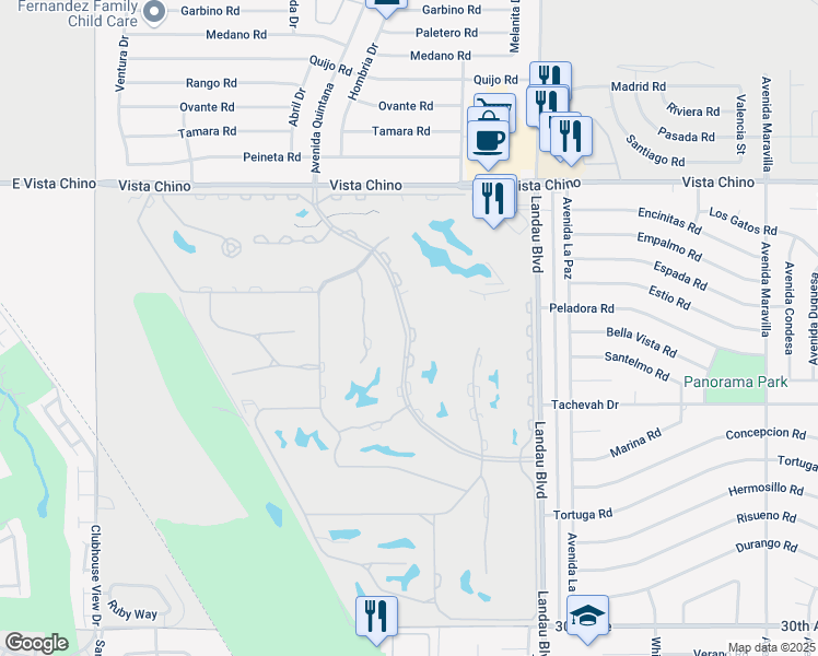 map of restaurants, bars, coffee shops, grocery stores, and more near Desert Princess Drive in Cathedral City