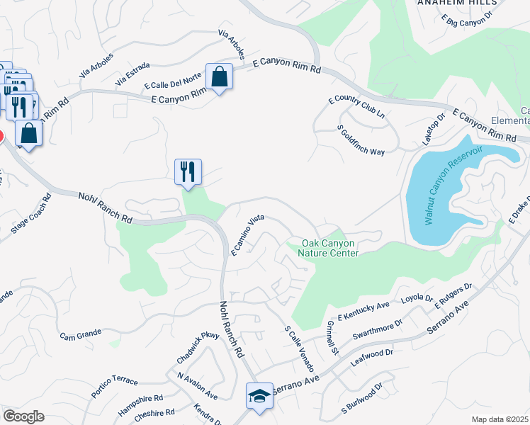 map of restaurants, bars, coffee shops, grocery stores, and more near 6555 East Camino Vista in Anaheim