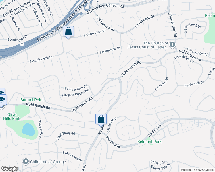 map of restaurants, bars, coffee shops, grocery stores, and more near 567 South Westford Street in Anaheim