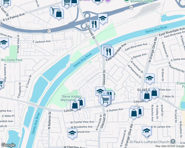 map of restaurants, bars, coffee shops, grocery stores, and more near 246 West Pebble Creek Lane in Orange