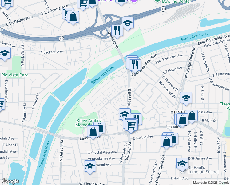 map of restaurants, bars, coffee shops, grocery stores, and more near 273 West Pebble Creek Lane in Orange