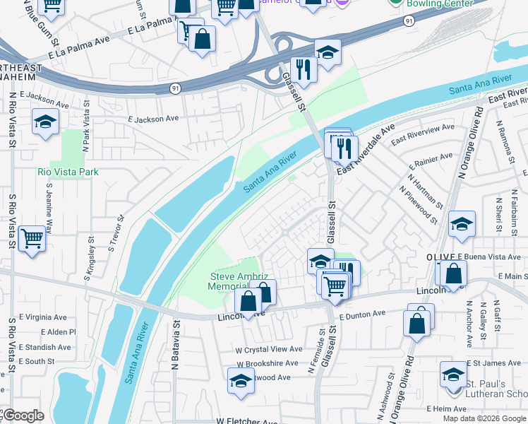 map of restaurants, bars, coffee shops, grocery stores, and more near 303 Tulip Tree Avenue in Orange