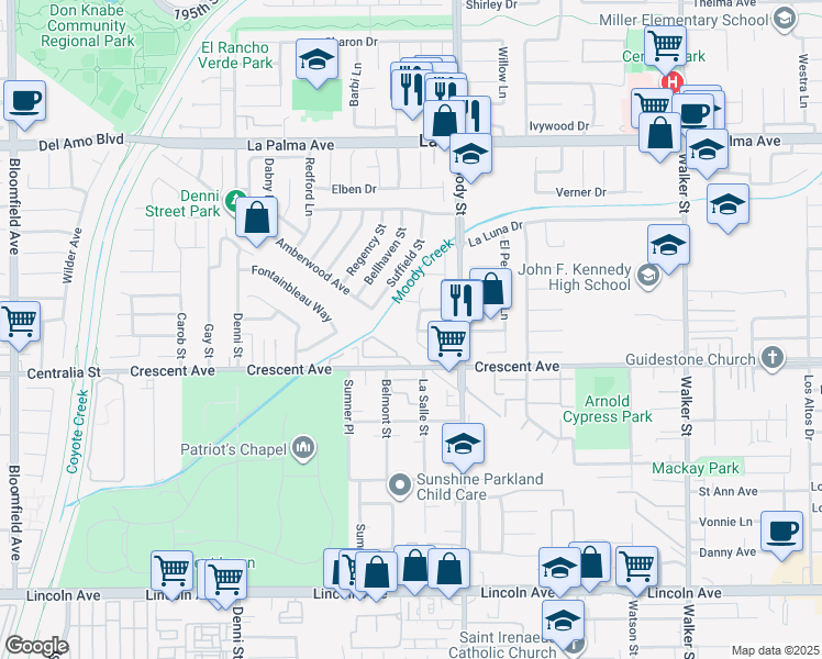 map of restaurants, bars, coffee shops, grocery stores, and more near 8441 Moody Street in La Palma