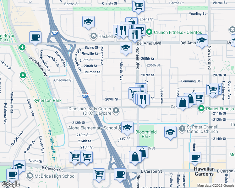 map of restaurants, bars, coffee shops, grocery stores, and more near 20849 Alburtis Avenue in Lakewood