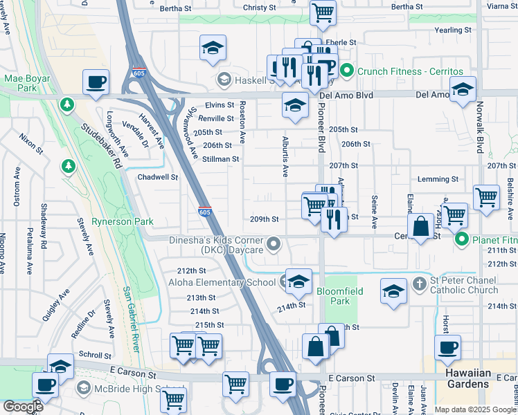 map of restaurants, bars, coffee shops, grocery stores, and more near 11613 209th Street in Lakewood