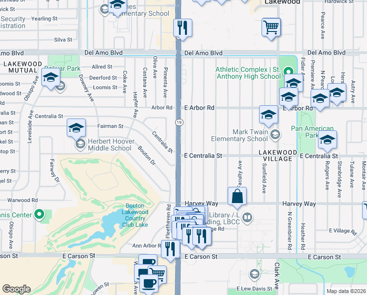 map of restaurants, bars, coffee shops, grocery stores, and more near 4509 Pepperwood Avenue in Long Beach