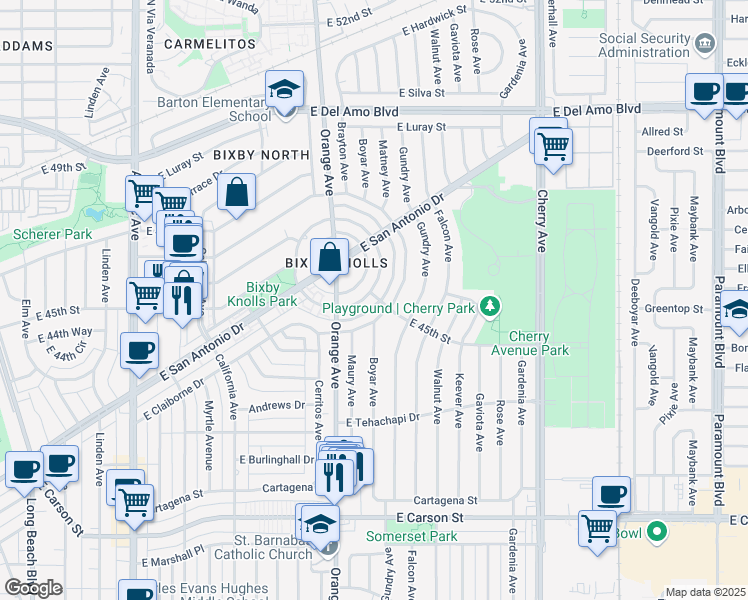 map of restaurants, bars, coffee shops, grocery stores, and more near 4495 East Goldfield Avenue in Long Beach