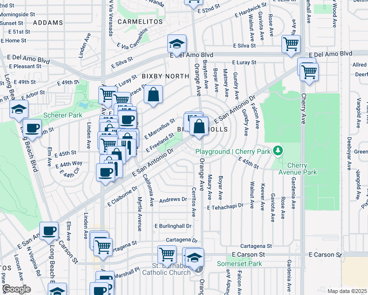map of restaurants, bars, coffee shops, grocery stores, and more near 4459 Le Park Drive in Long Beach