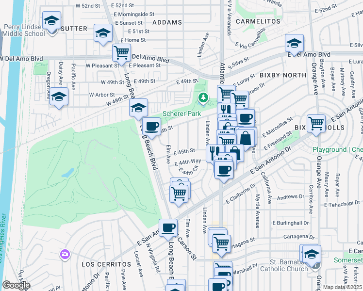 map of restaurants, bars, coffee shops, grocery stores, and more near 4503 Pasadena Avenue in Long Beach