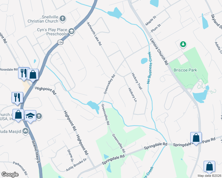 map of restaurants, bars, coffee shops, grocery stores, and more near 2824 Greenvalley Road in Snellville
