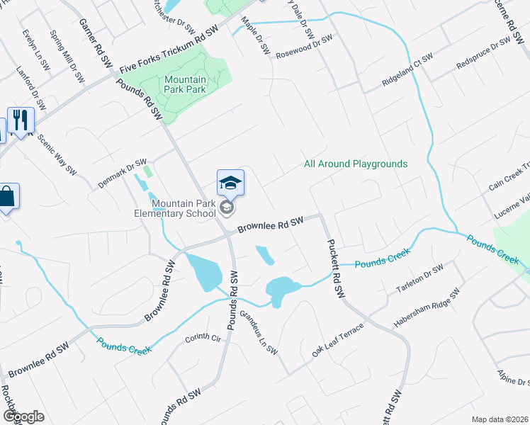 map of restaurants, bars, coffee shops, grocery stores, and more near 5004 Fox Forest Circle Southwest in Lilburn