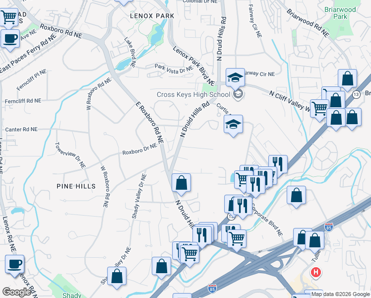map of restaurants, bars, coffee shops, grocery stores, and more near 1776 North Druid Hills Road in Atlanta