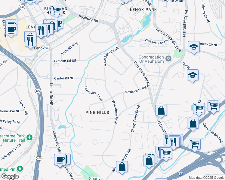 map of restaurants, bars, coffee shops, grocery stores, and more near 3117 West Roxboro Road Northeast in Atlanta