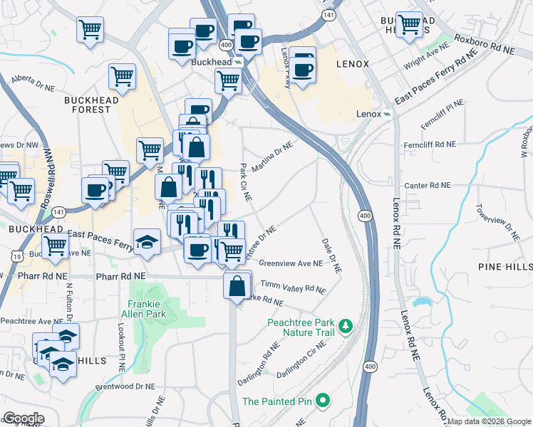 map of restaurants, bars, coffee shops, grocery stores, and more near 651 East Paces Ferry Road Northeast in Atlanta