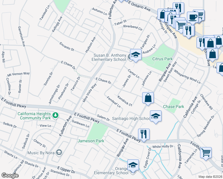 map of restaurants, bars, coffee shops, grocery stores, and more near 2923 Gilbert Avenue in Corona