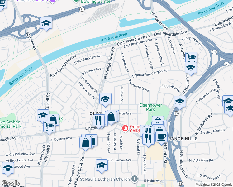 map of restaurants, bars, coffee shops, grocery stores, and more near 3025 North Skywood Street in Orange