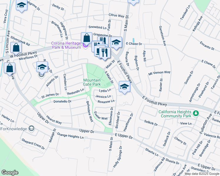 map of restaurants, bars, coffee shops, grocery stores, and more near 155 Lydia Lane in Corona