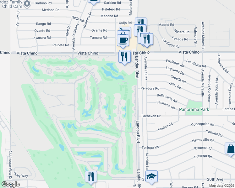 map of restaurants, bars, coffee shops, grocery stores, and more near 28715 Isleta Court in Cathedral City