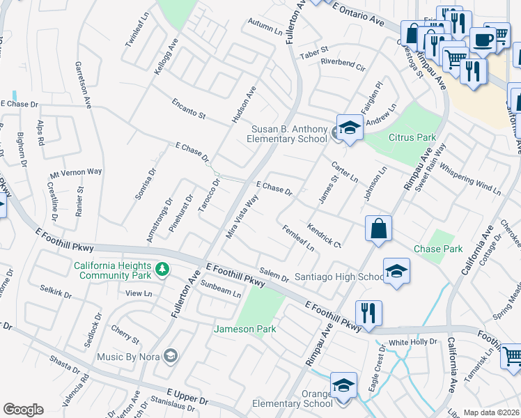 map of restaurants, bars, coffee shops, grocery stores, and more near 1044 Shadow Crest Circle in Corona