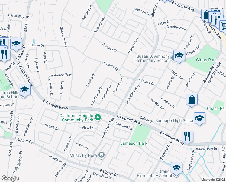 map of restaurants, bars, coffee shops, grocery stores, and more near 947 Trovita Drive in Corona