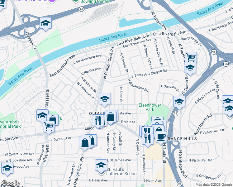 map of restaurants, bars, coffee shops, grocery stores, and more near 3025 North Skywood Street in Orange
